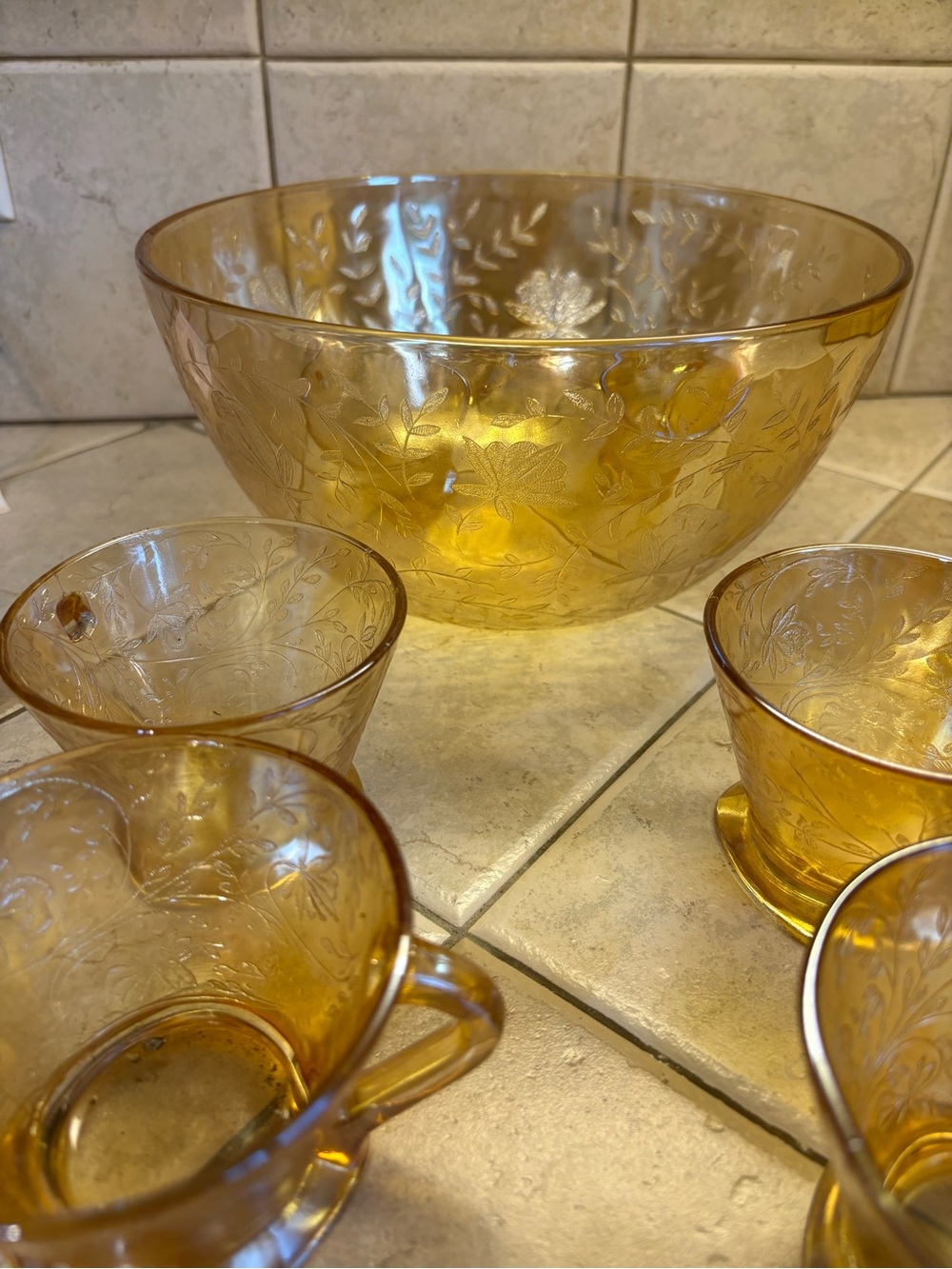 Antique Carnival glass Glass Punch Bowl Set with Floral Etching